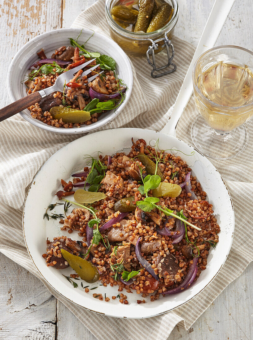 Buckwheat risotto with mushrooms and pickles