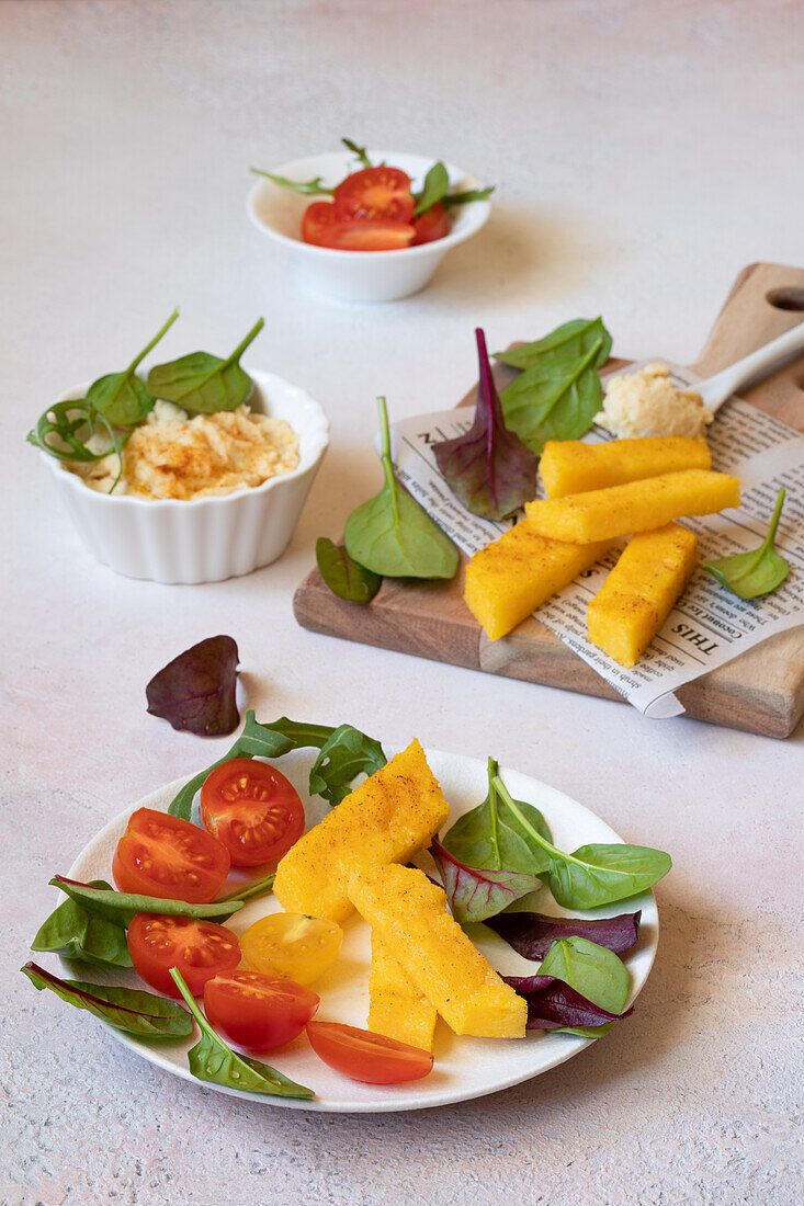 Polenta sticks with cannellini bean paste