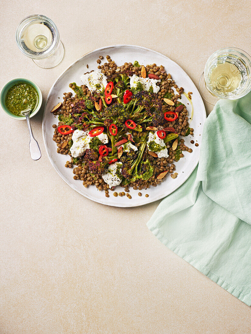 Lentil celebration salad with purple sprouting broccoli and burrata