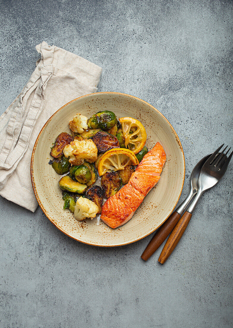 Salmon fillet with grilled Brussels sprouts