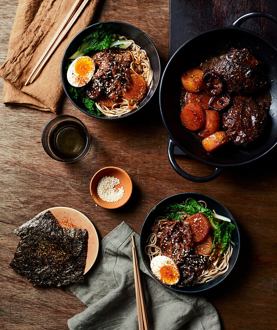 Miso braised beef cheeks with daikon and soba noodles