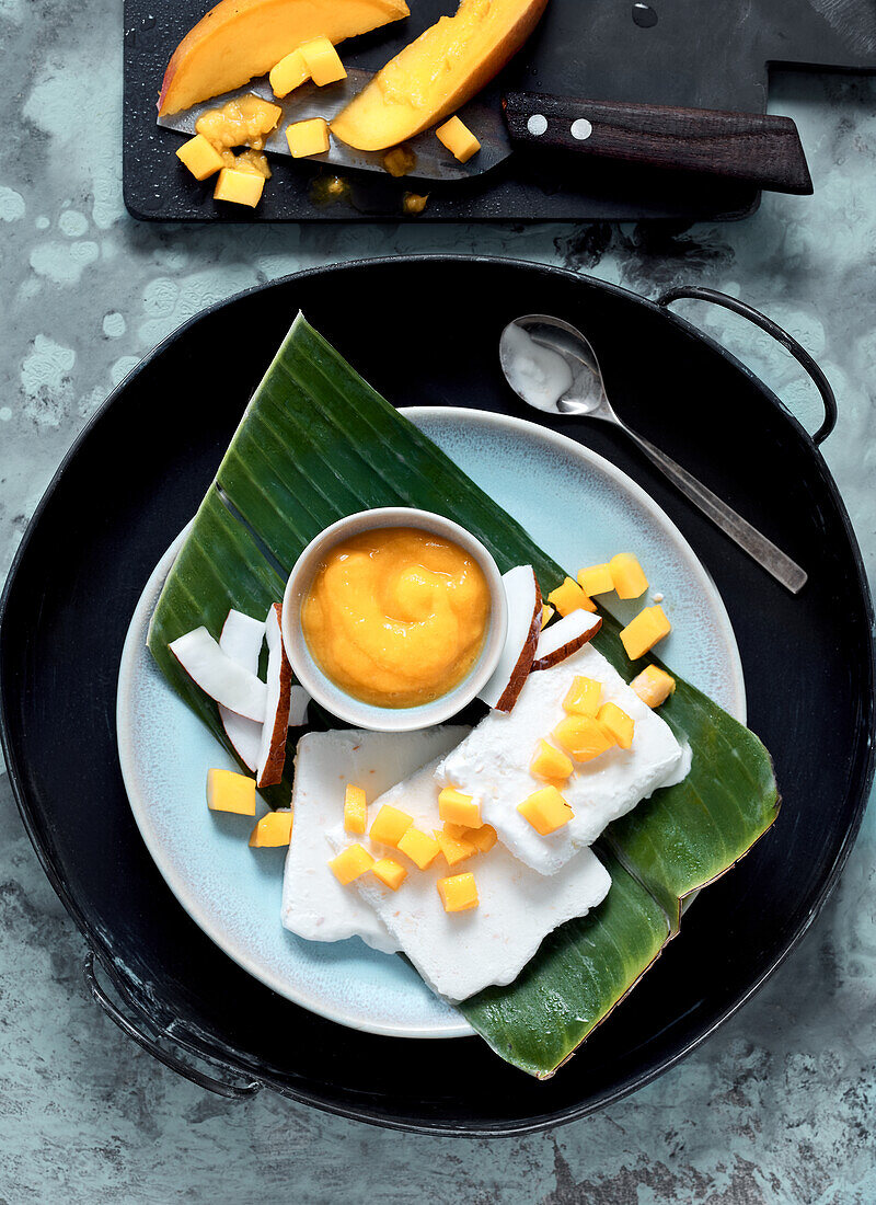 Coconut ice cream with mango puree