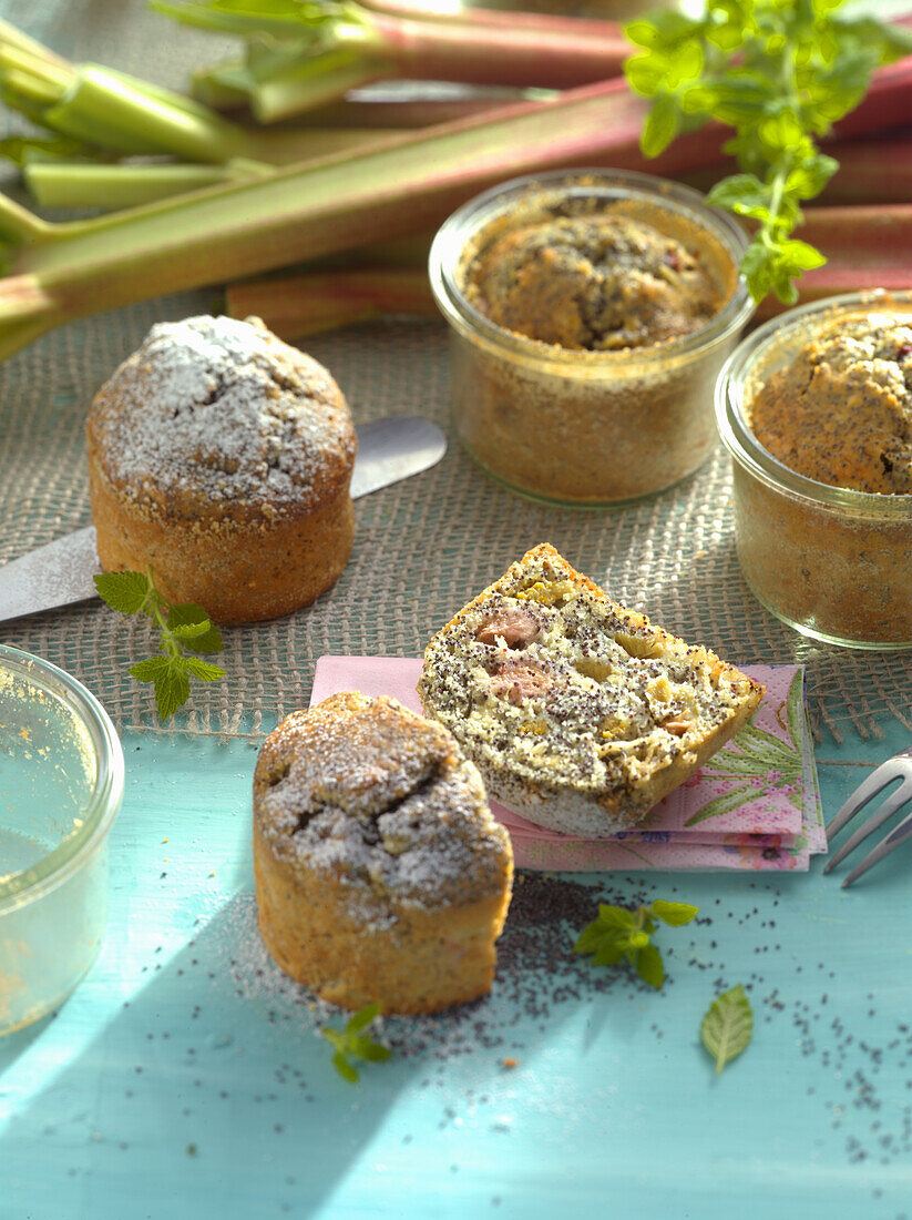 Rhubarb jar cake with poppy seeds