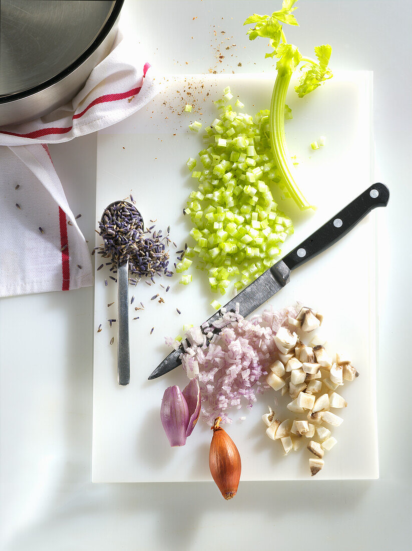 Sauce ingredients - celery, mushrooms, shallots, lavender