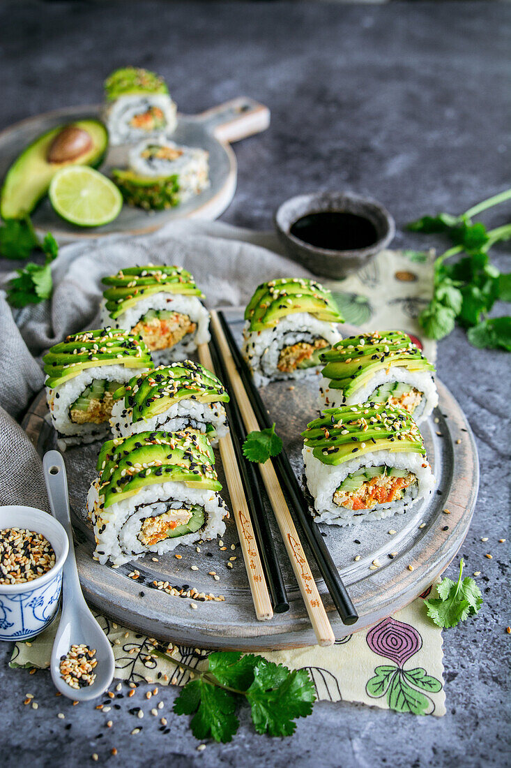 Vegan sushi with tofu and avocado