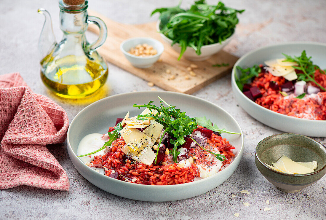 Beetroot risotto with rocket