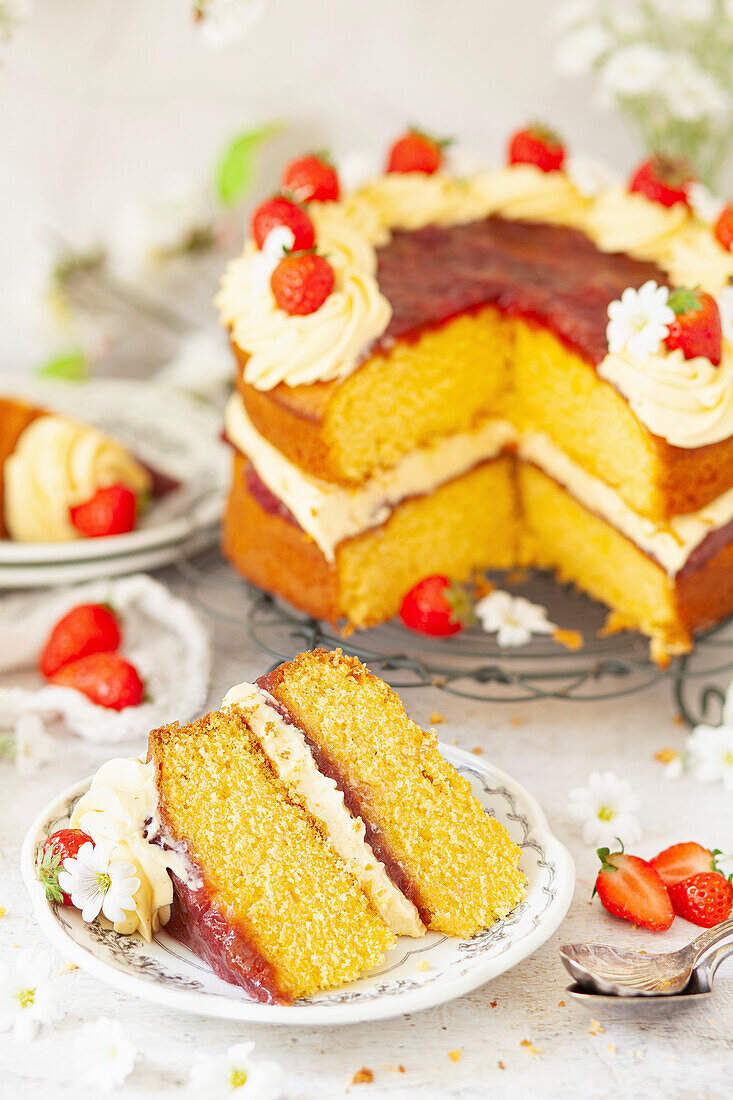 Vanilla sponge cake with jam and cream