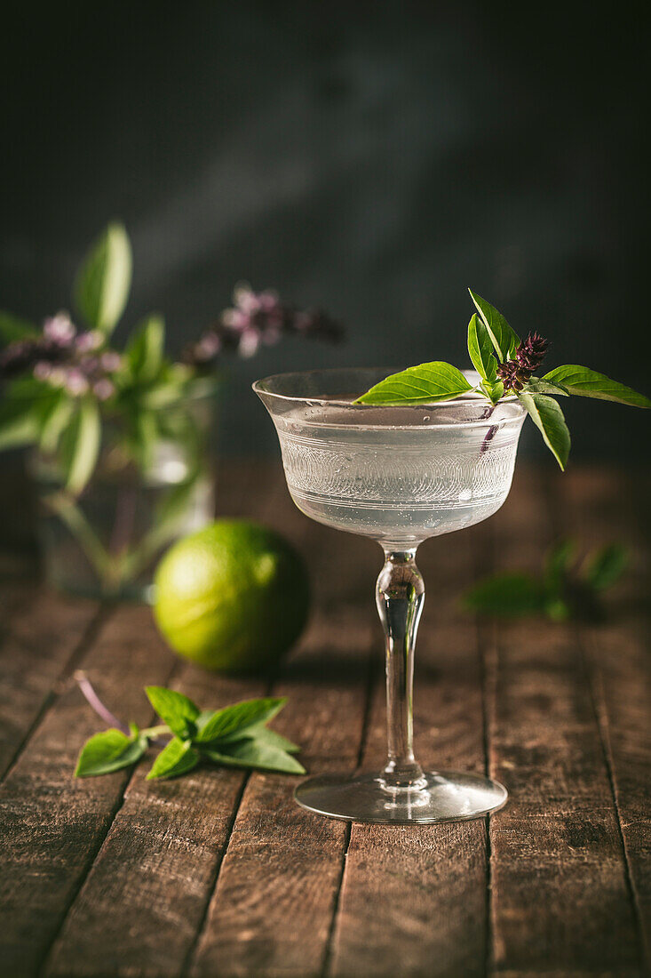 Klarer Wodka-Cocktail mit Thai-Basilikum
