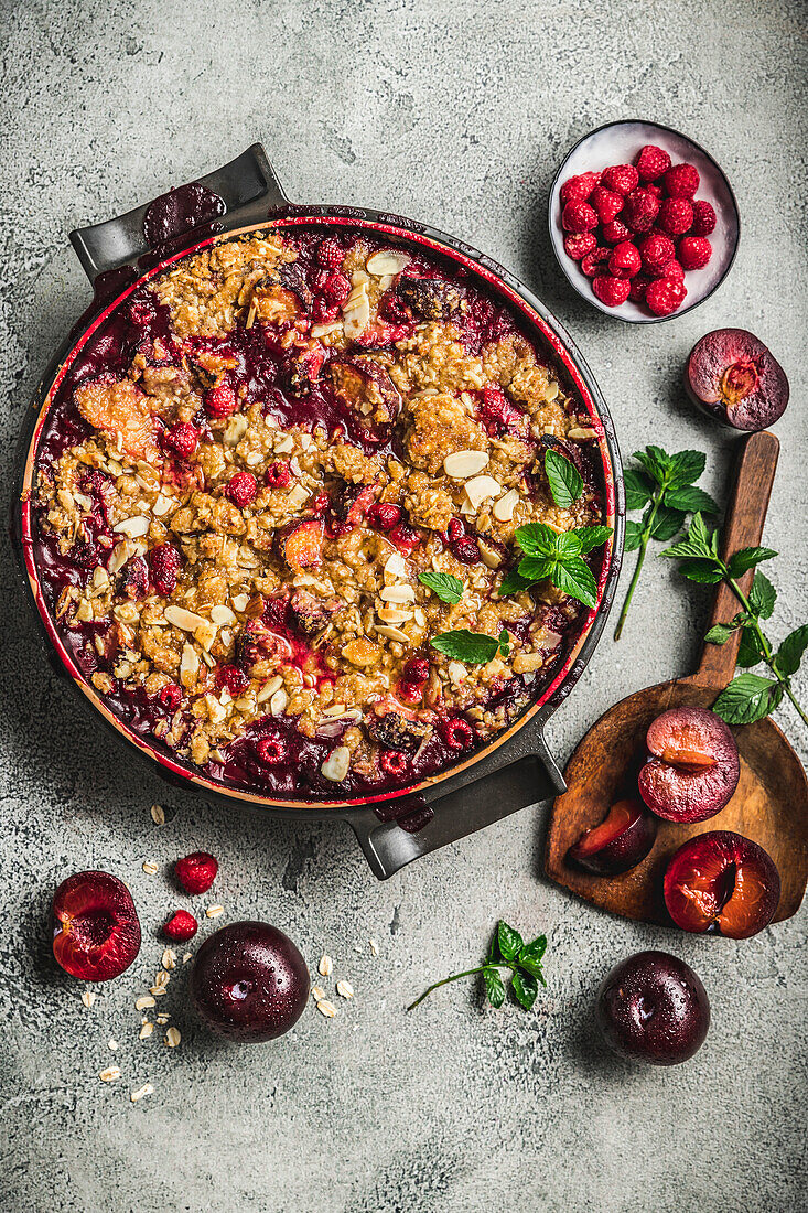 Plum and raspberry crumble