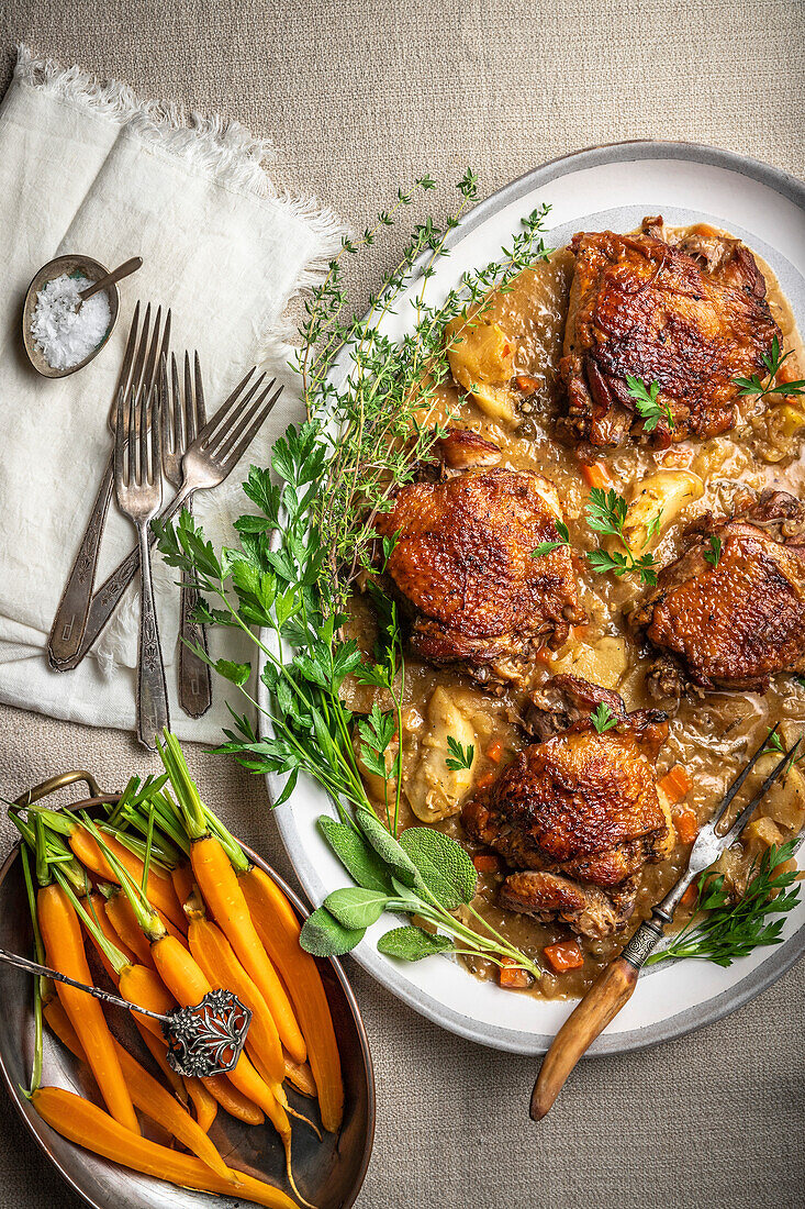 Geschmorte Geflügeteile in Sauce mit Kräutergarnitur und gedämpften Karotten