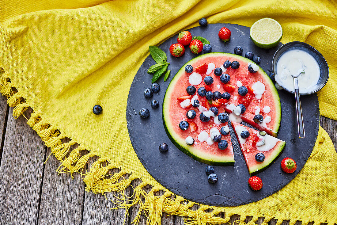 Melon pizza with yogurt