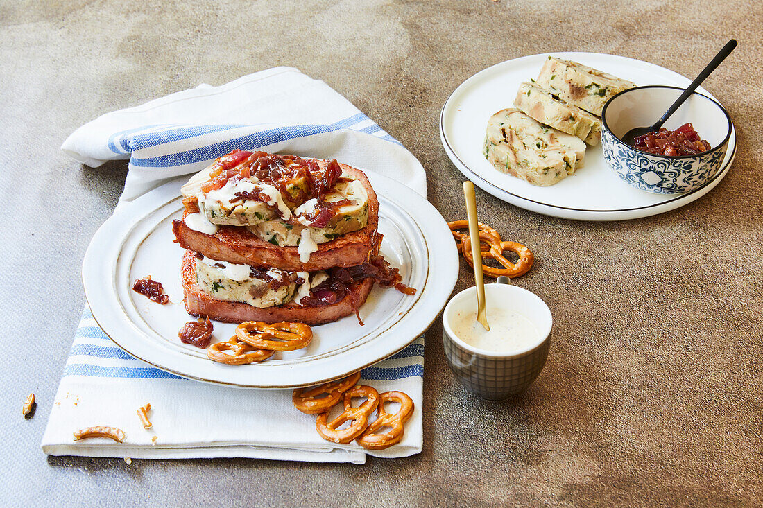 Meatloaf burger with pretzel dumplings