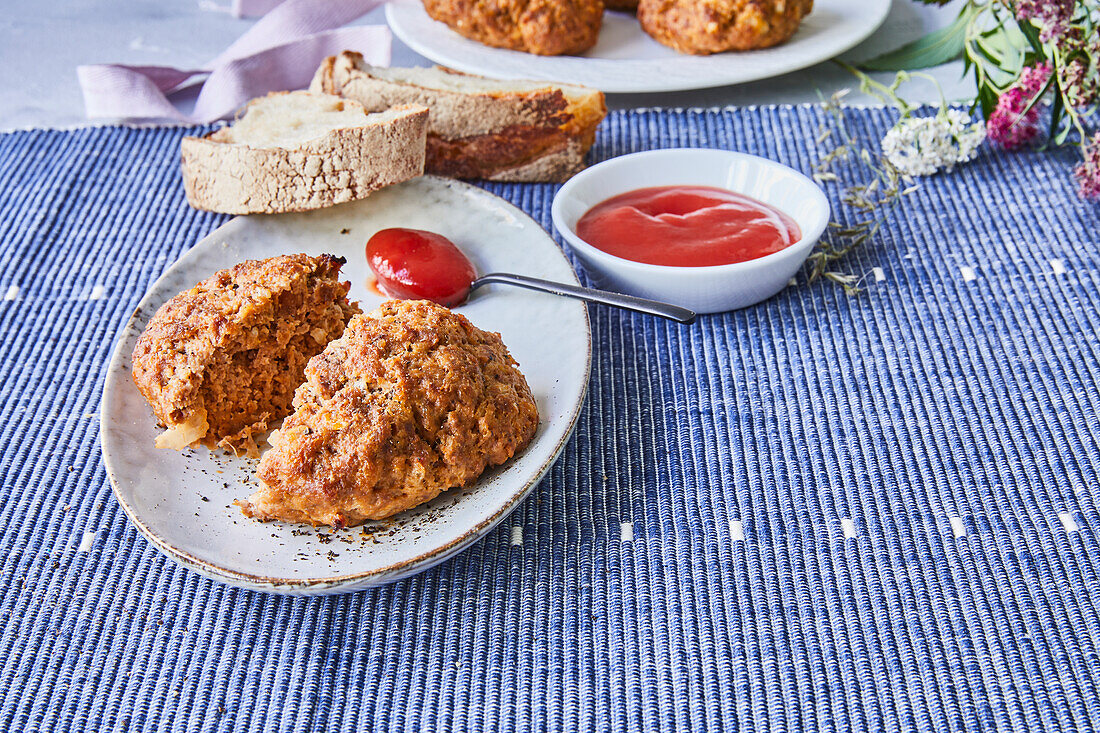 Baked met patty with ketchup