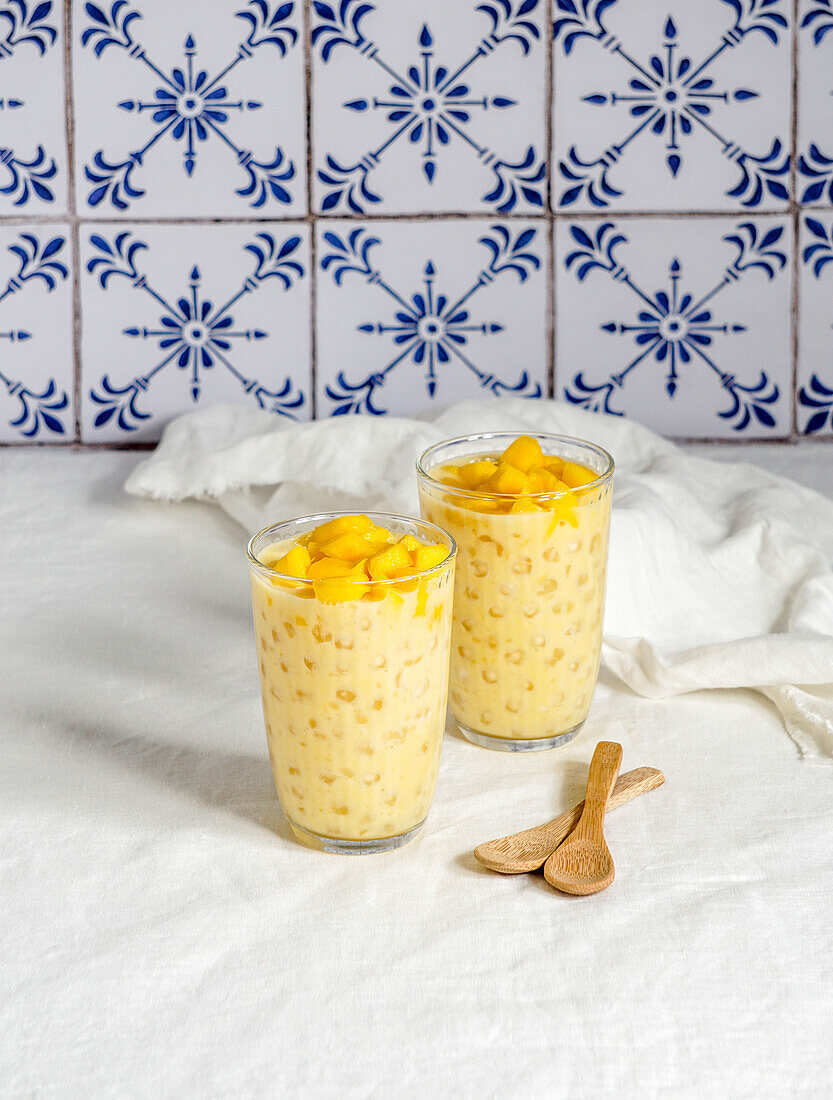 Thai tapioca pudding with coconut and mango