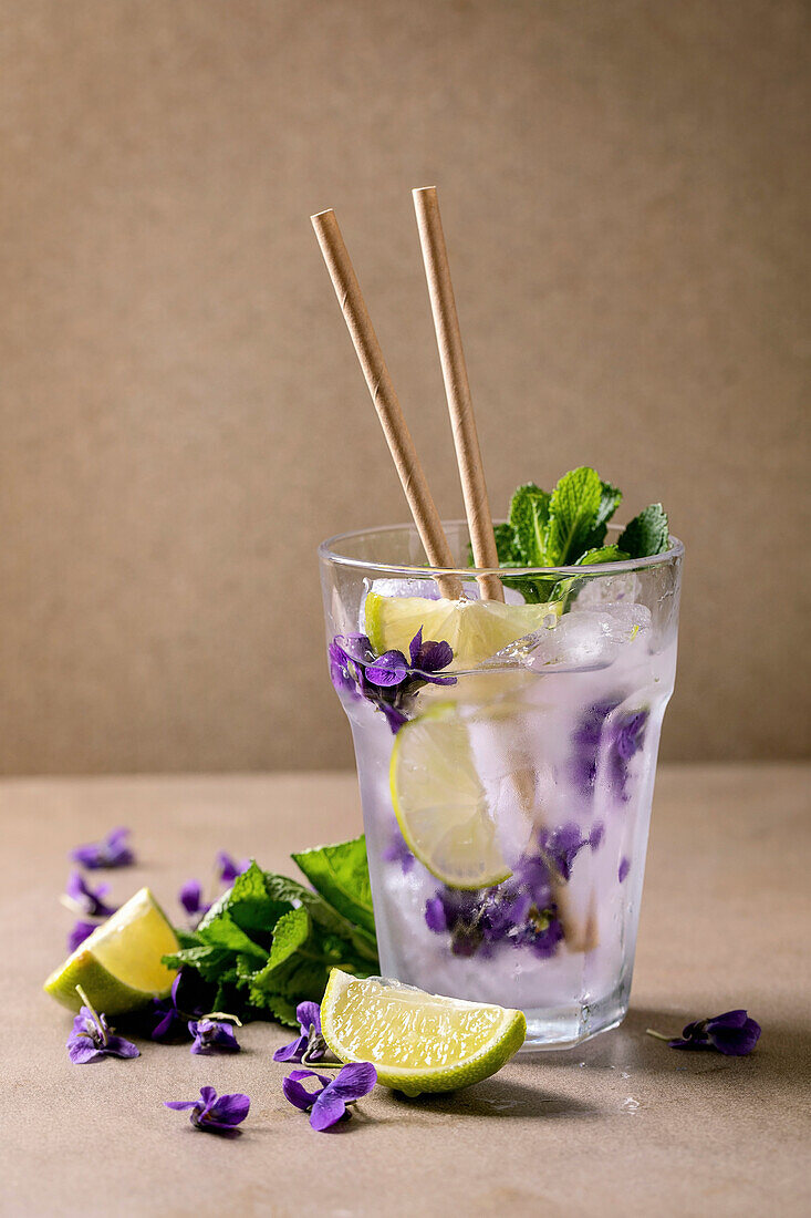 Transparent glass of lemonade soda cocktail with mint, violets flower ice and lime slices, paper straws
