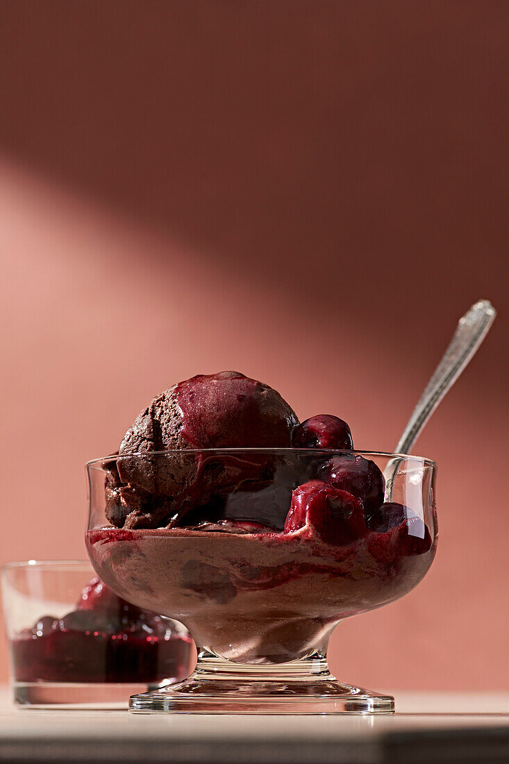 Chocolate gelato with wine poached cherries