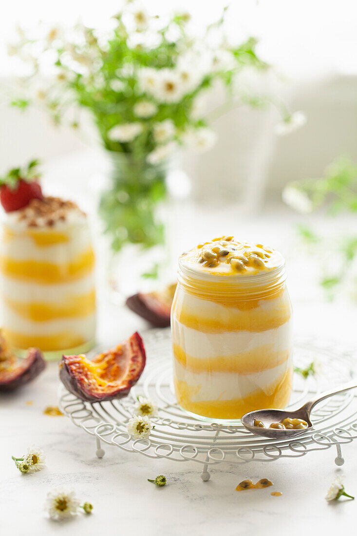 Layered dessert with yogurt and passion fruit curd