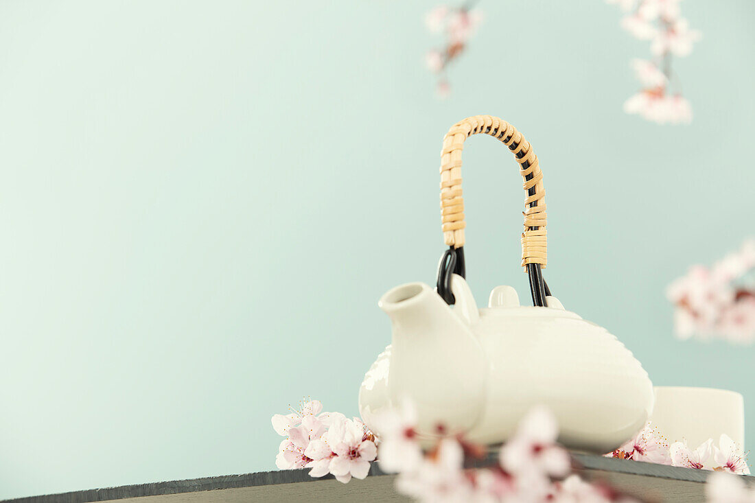 Cute teapot and spring cherry branches