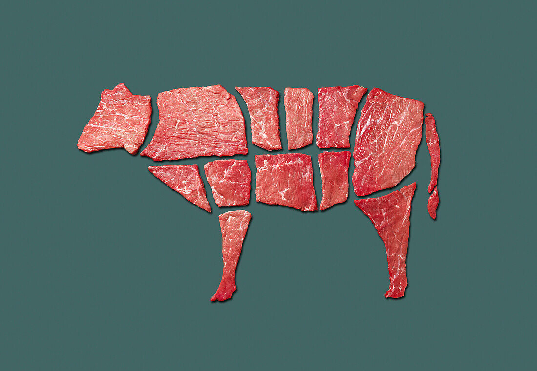 Cow composed of marbled meat pieces
