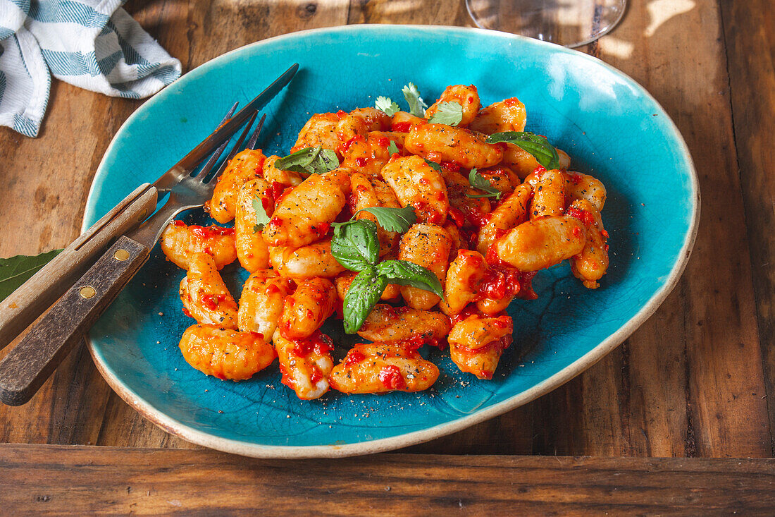 Italienische Kartoffel-Gnocchi mit Tomatensauce und frischem Basilikum