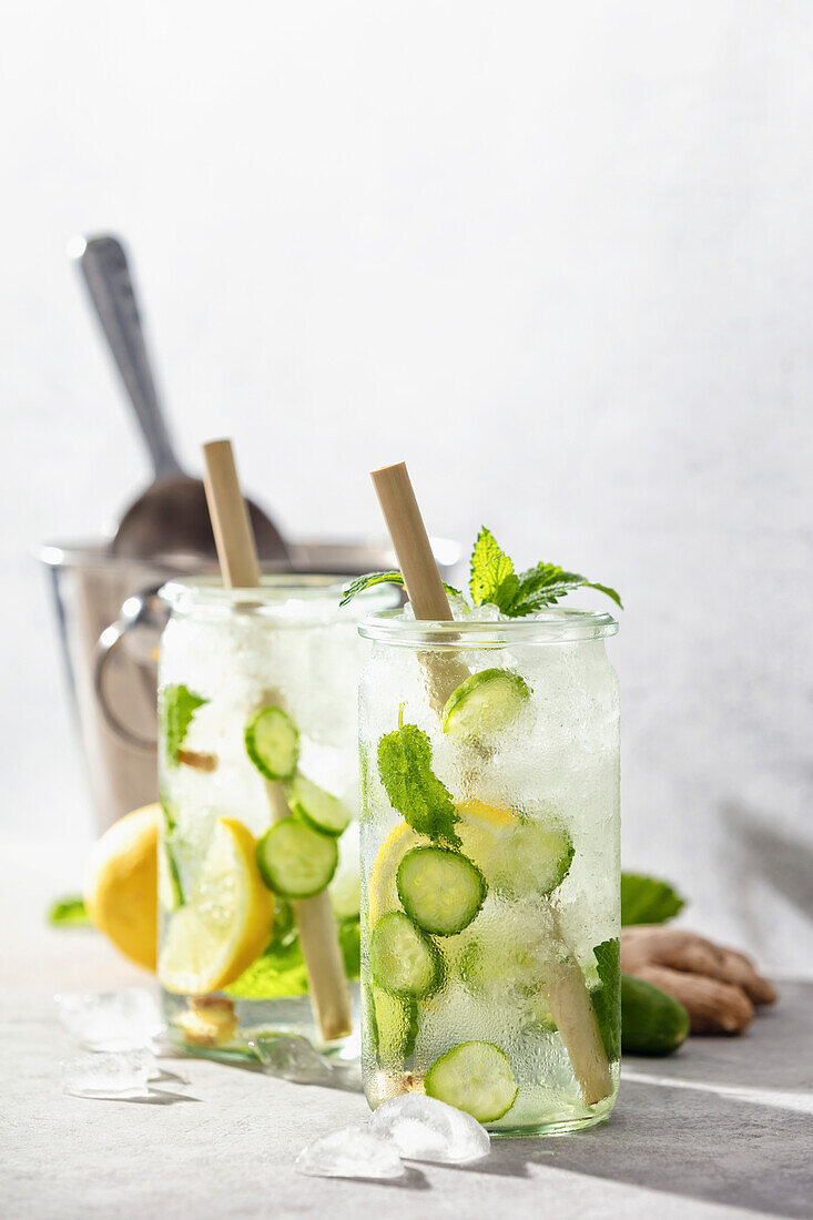 Detox water with lemon, cucumber and mint
