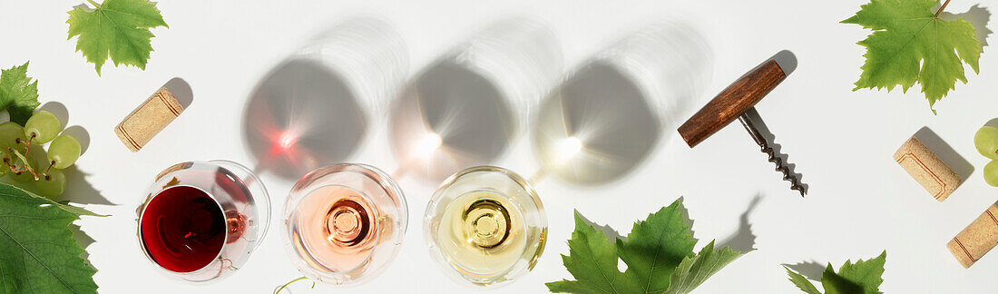 Wine composition with sunlight and shadows on a white background