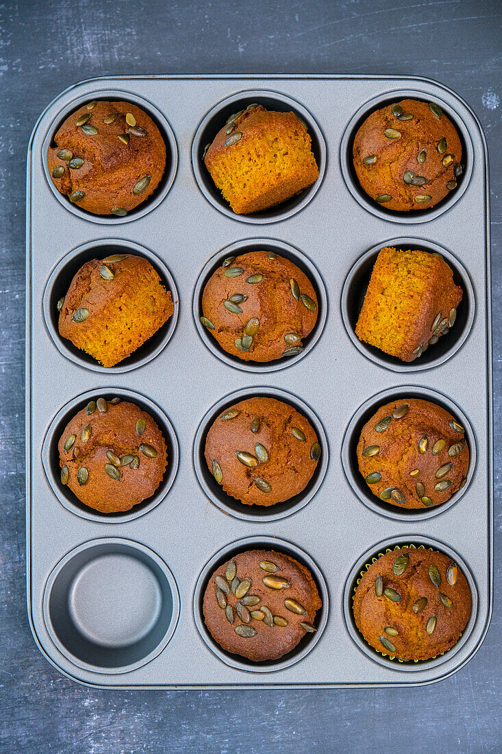 Pumpkin and cornbread muffins with pumpkin seeds
