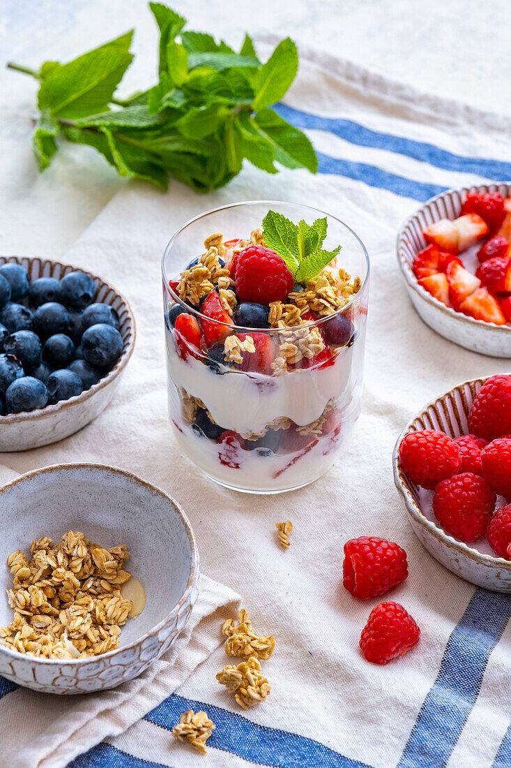 Joghurt mit Müsli, Beeren und frischer Minze