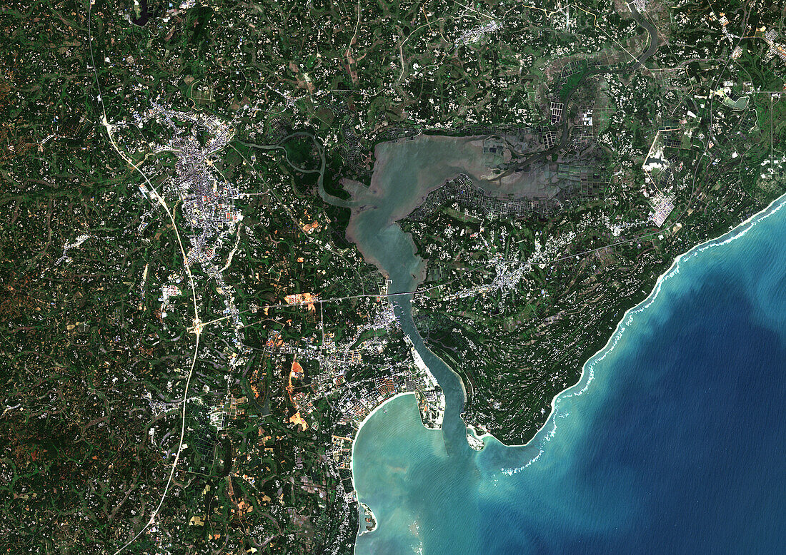 Wenchang City and Dongjiao Forest, China, satellite image