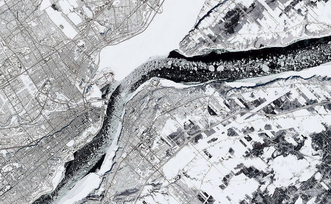 Ice in St Lawrence River, Quebec City, Canada, satellite image