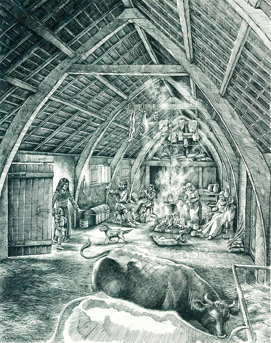 Medieval peasant house, c13th-15th century, illustration