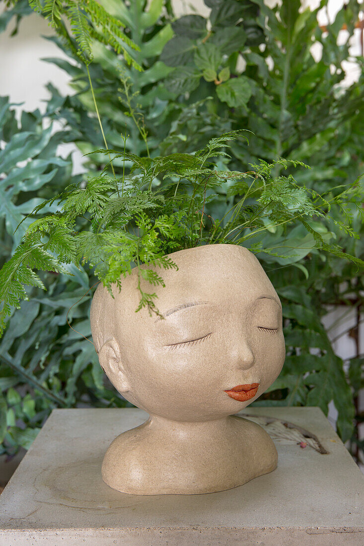 Planted pot in the shape of a head