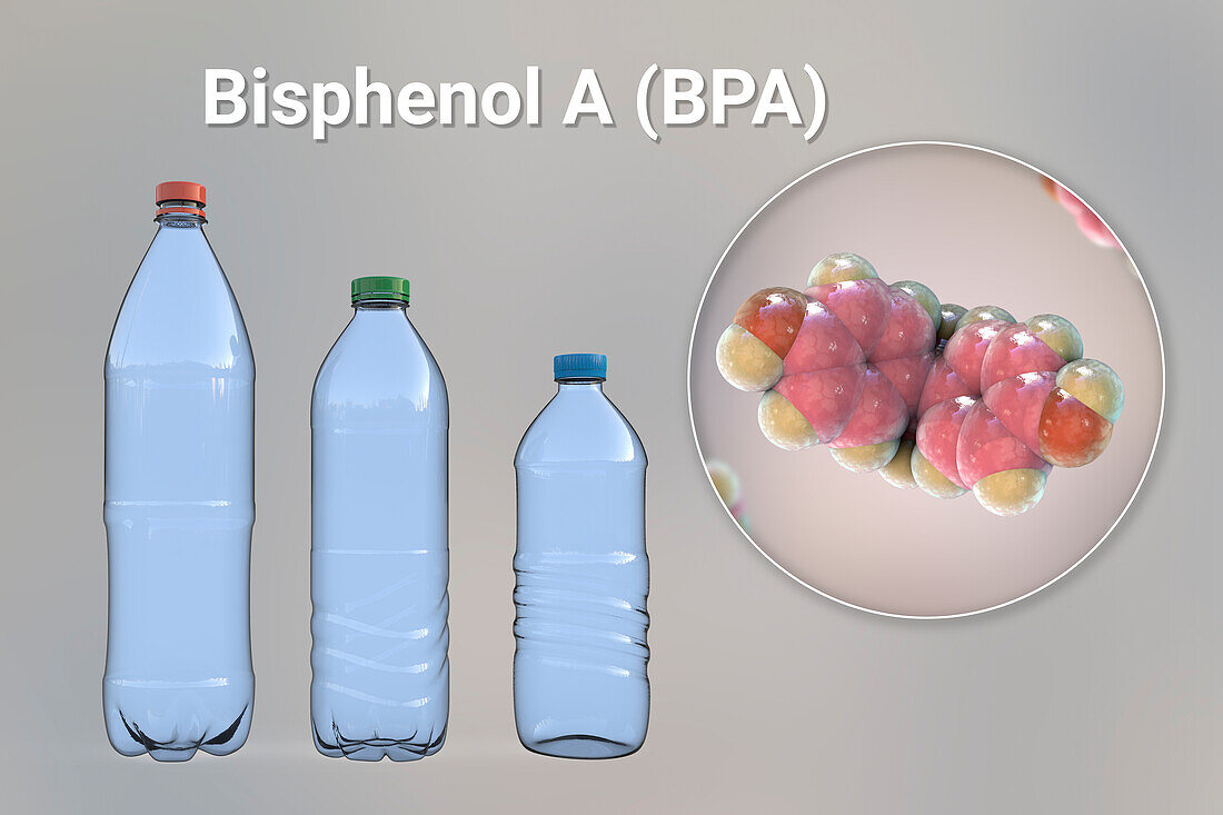 Bisphenol A molecule and plastic bottles, illustration