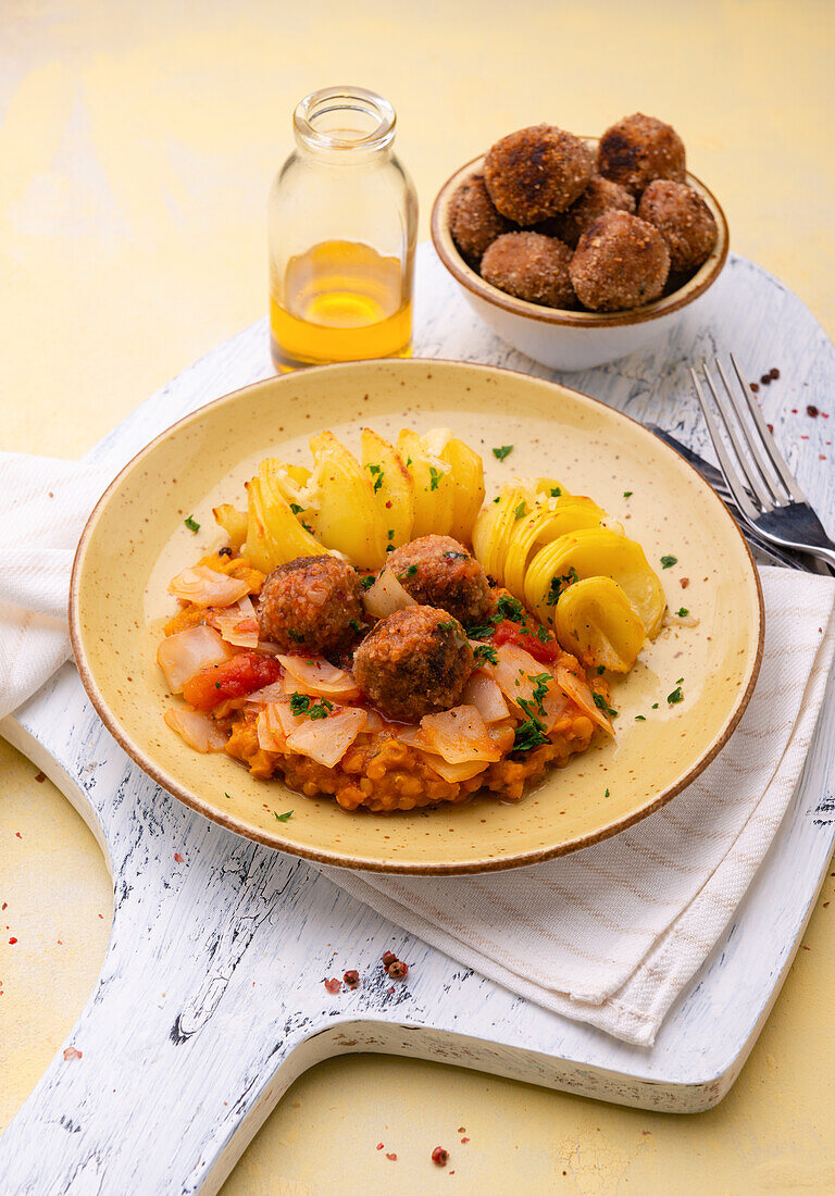 Vegan meatballs on lentils and pointed cabbage