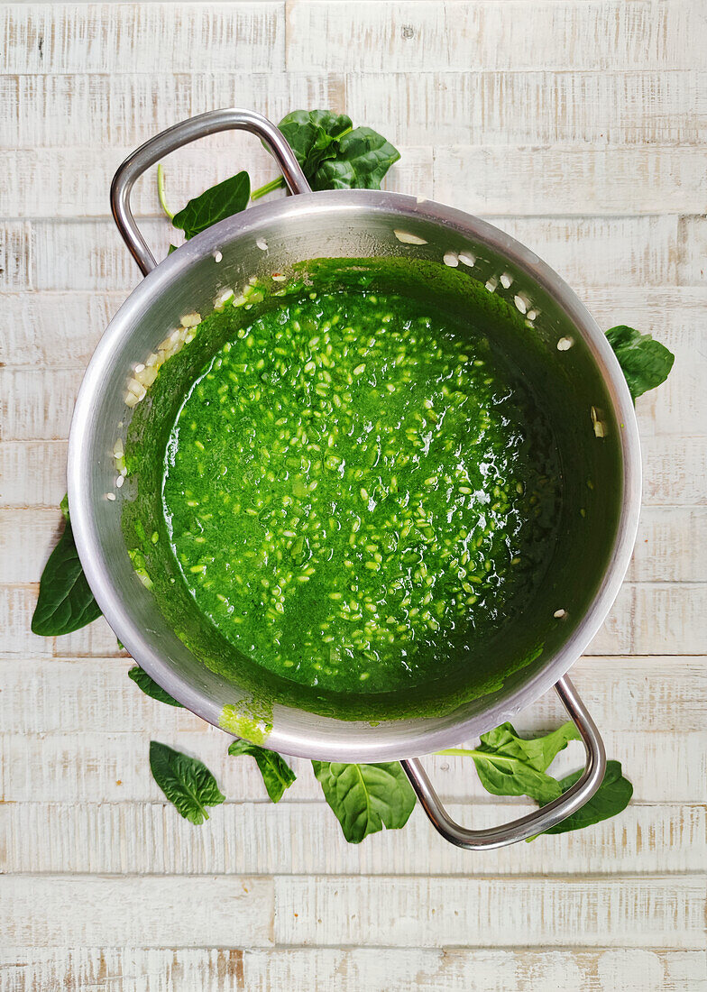 Making the spinach and parsley risotto