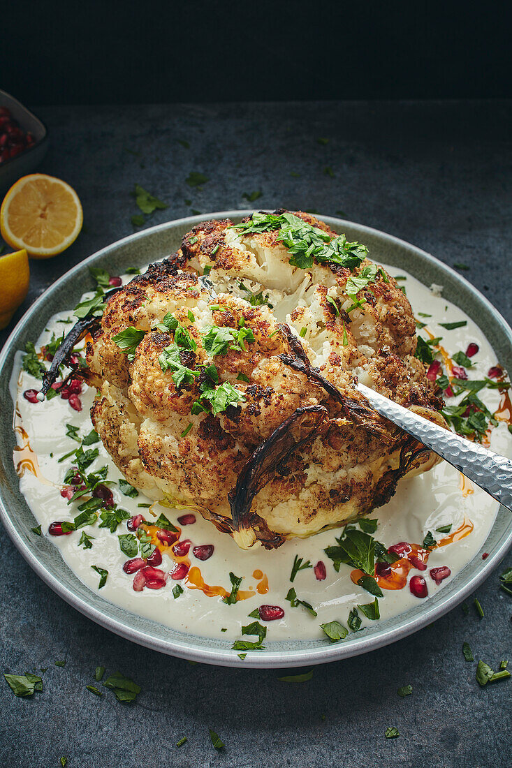 Gebackener Blumenkohl mit Sesam und Joghurt