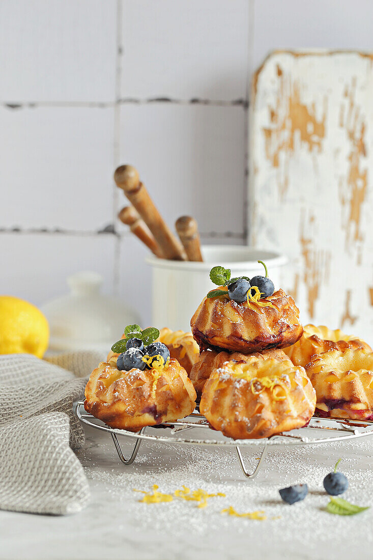 Mini lemon Bundt Cakes with ricotta and blueberries made in the air fryer