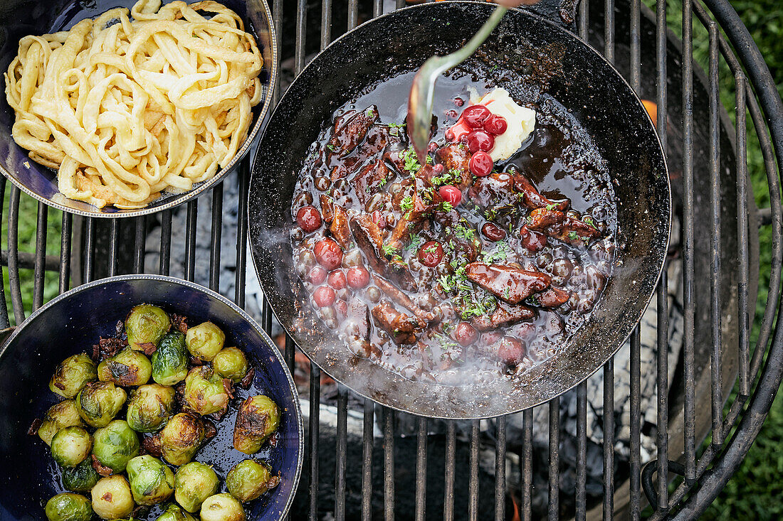 Grilled wild liver with Brussels sprouts and ribbon noodles