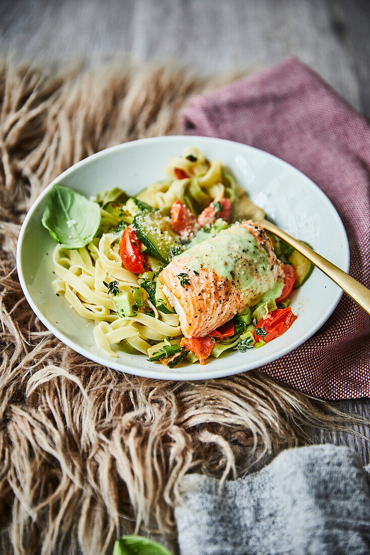 Italian style salmon with ribbon noodles