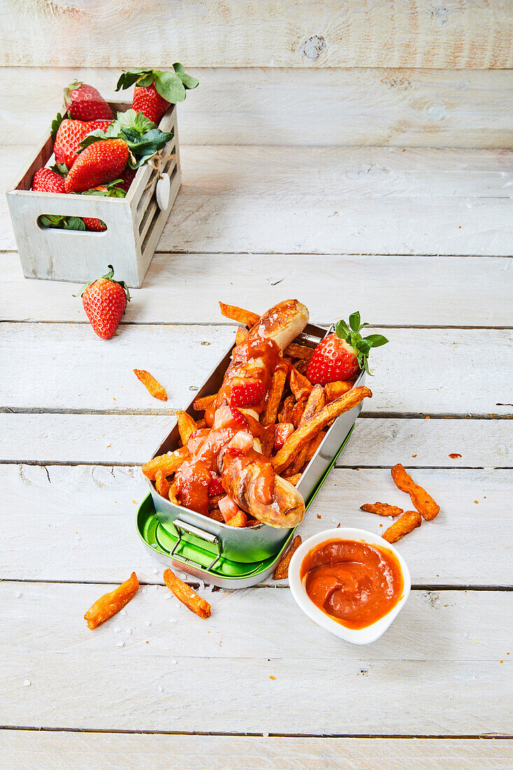 Currywurst mit Pommes und Erdbeeren