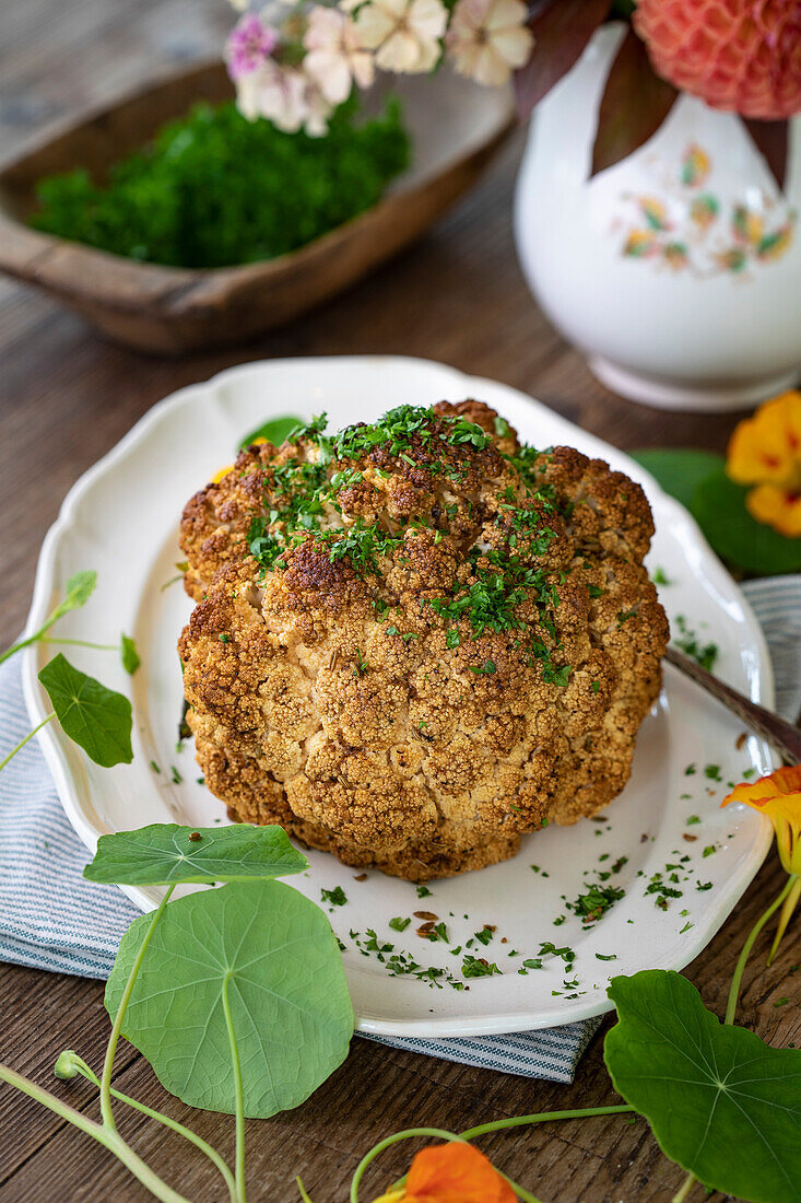 Gebackener Blumenkohl mit Petersilie auf weißem Teller und Holztisch