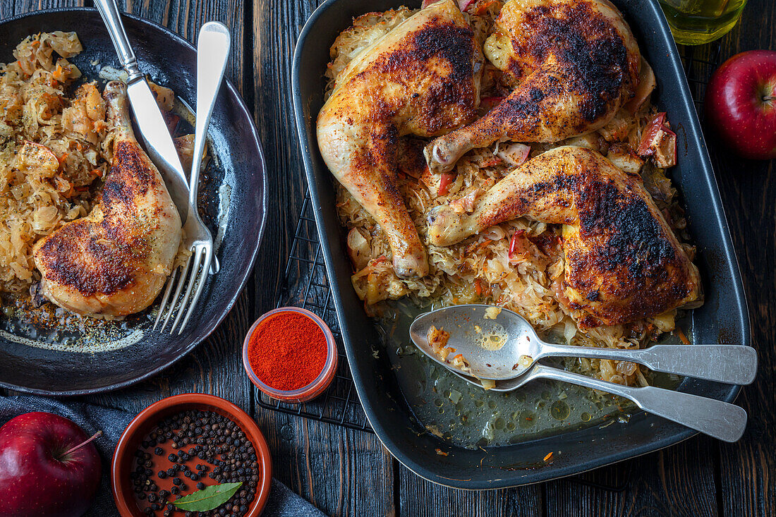 Chicken thighs baked with sauerkraut