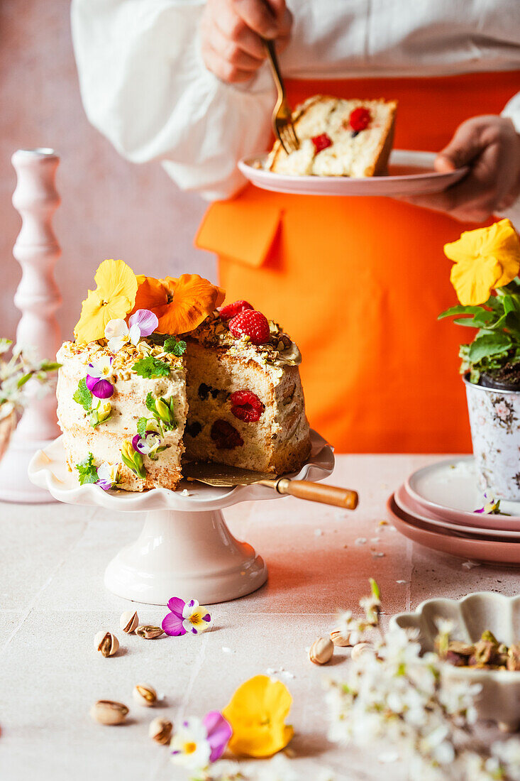 Pistachio Naked Cake with flower decoration