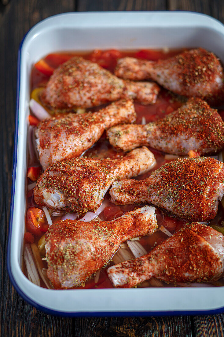 Seasoned chicken drumsticks with tomatoes and peppers