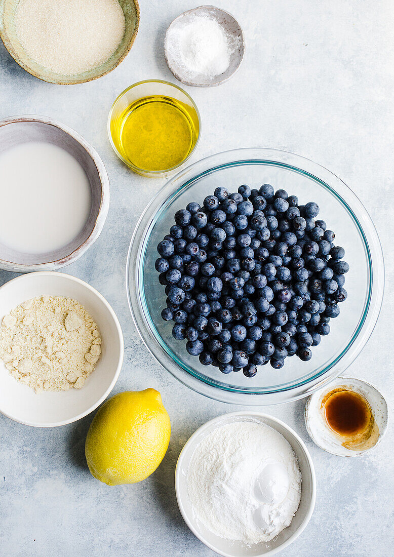 Ingredients for blueberry muffins made from almond flour