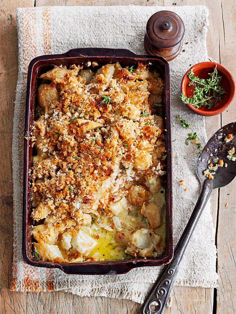 Jerusalem artichoke gratin with smoked haddock