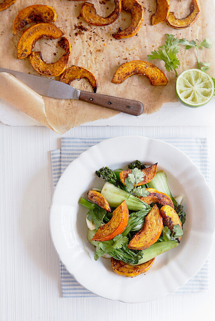 Roasted butternut squash with sweet spices, lime and green chili