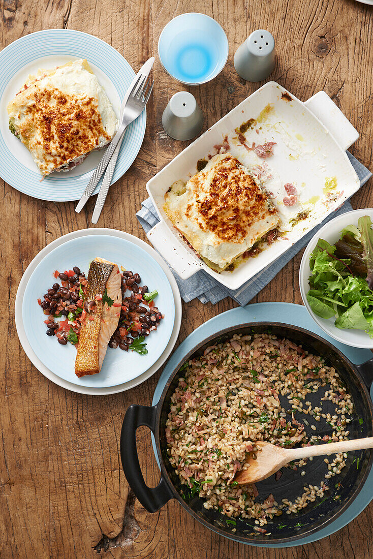 Ricotta ham lasagna, salmon with black bean salsa, barley pilaf