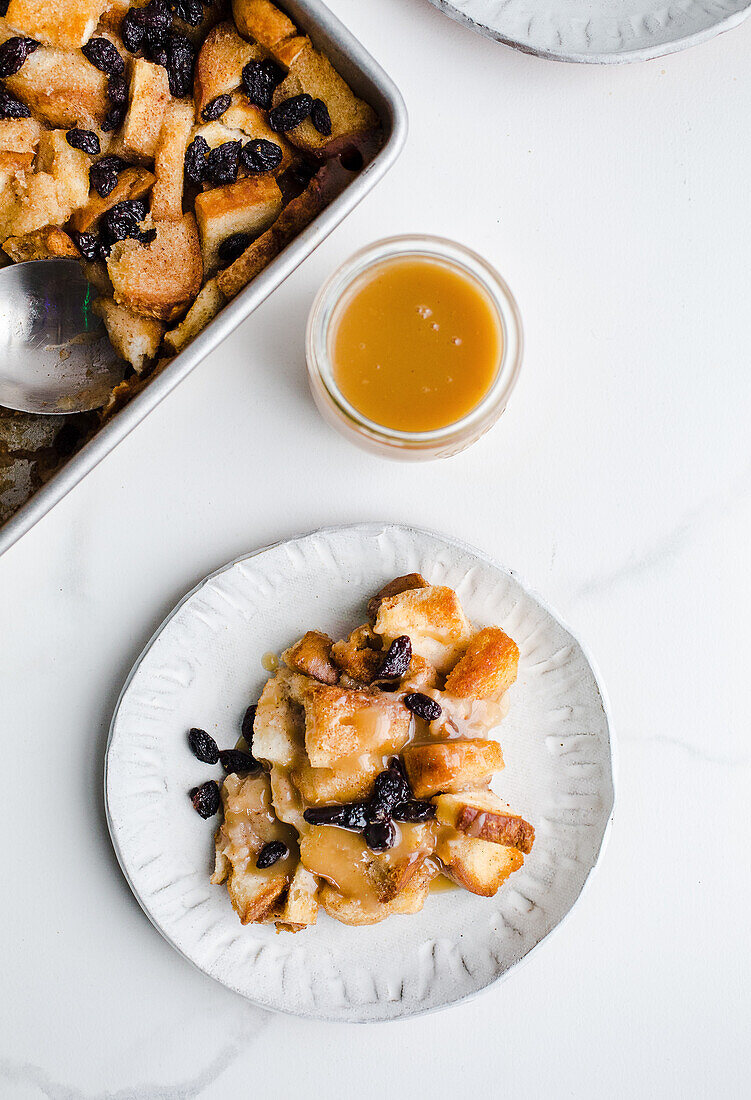 Baked bread pudding with raisins