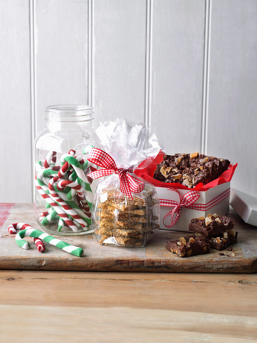 Candy canes, oat cookies, chocolate ginger squares